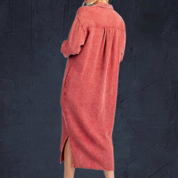 EASEL “Irresistible” Lux Mineral Washed Buttoned Relaxed Fit Shirt Dress Pockets - Picture 9 of 16